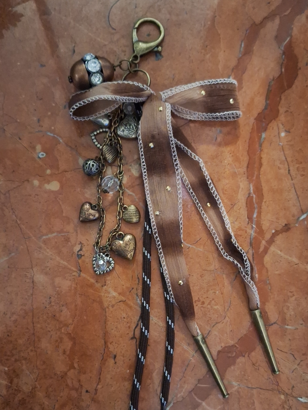 Brown Ribbon Heart Charm Keychain Bag Charm